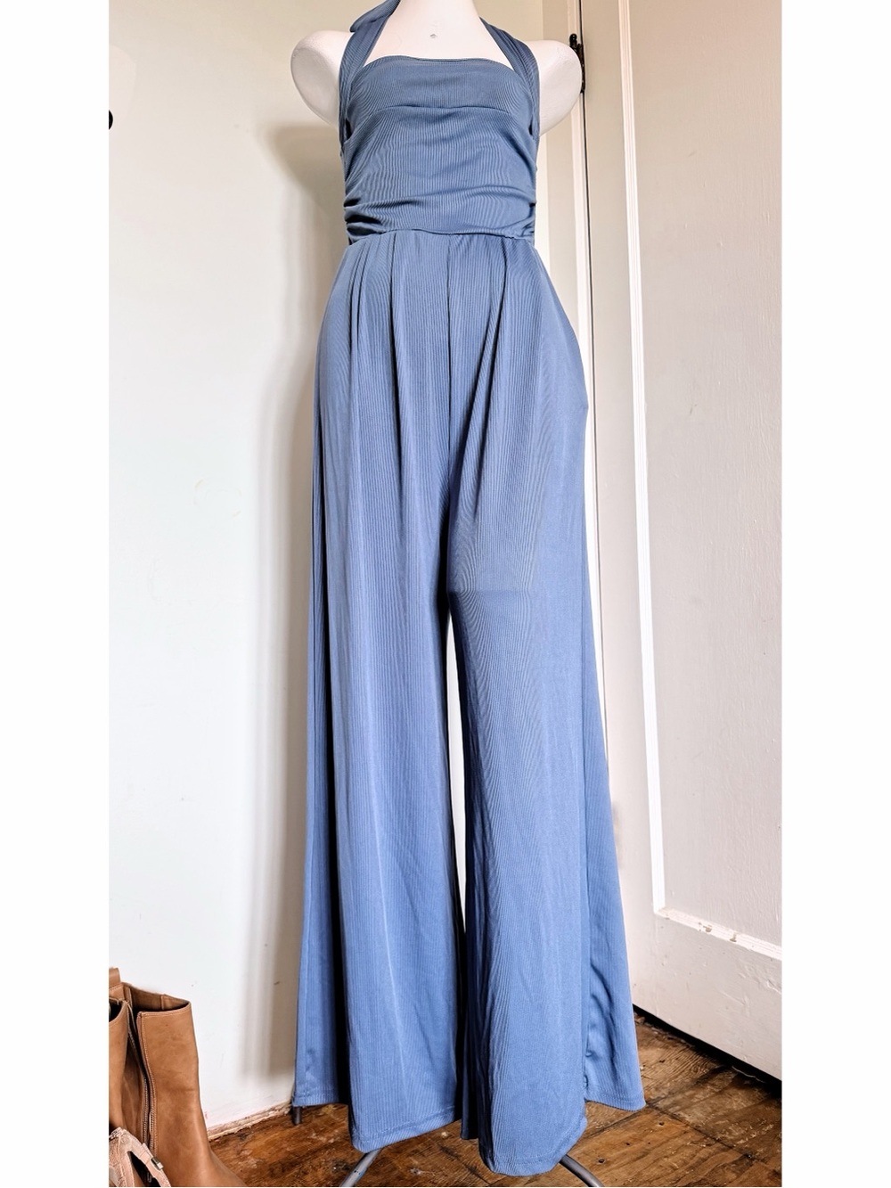 YOZY Blue Ribbed Halter Wide Leg Jumpsuit Size M / US 6 NWT